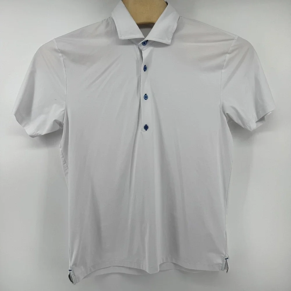 Twillory Performance Polo Mens Large White Tailored Fit Short Sleeve Blue Button